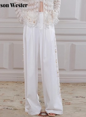 Maison Wester2025秋季新品时尚简约白色贝壳链宽松阔腿休闲裤女