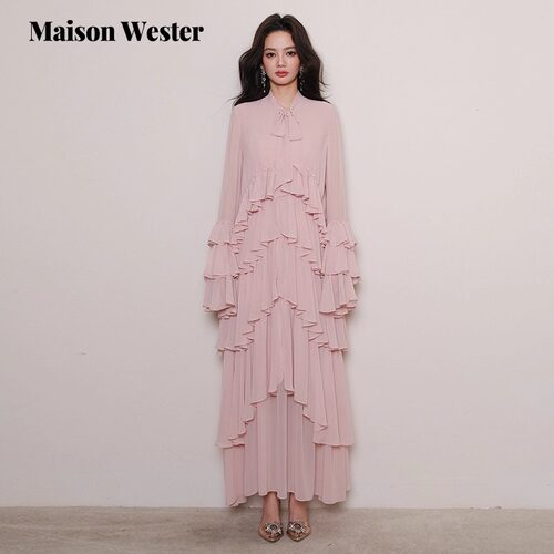 Maison Wester25秋季新品法式层叠荷叶袖上衣珍珠扣荷叶边吊带裙