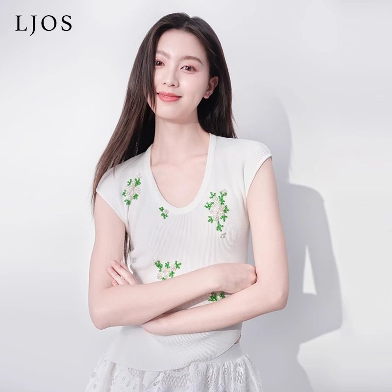 LJOS「闻花落」薄荷珍珠花针织短袖上衣2025夏季新款白色显瘦修身图片