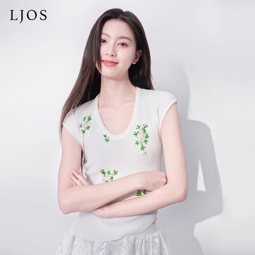 LJOS「闻花落」薄荷珍珠花针织短袖上衣2025夏季新款白色显瘦修身