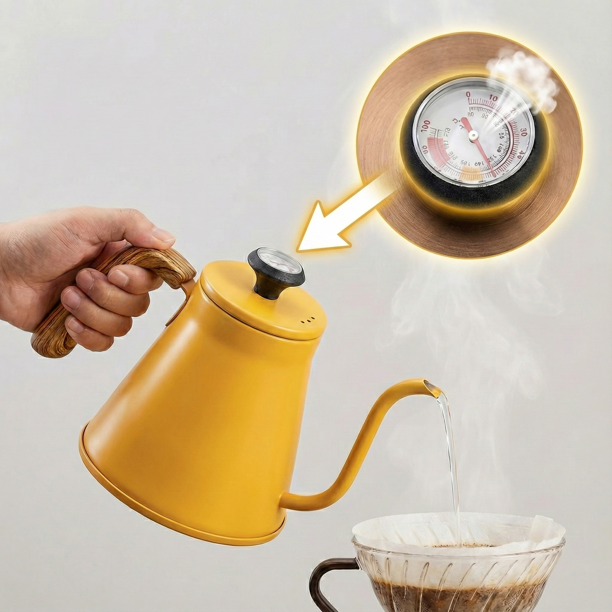 带温度计手冲咖啡壶304不锈钢燃气电磁炉通用细口长嘴控温烧水壶