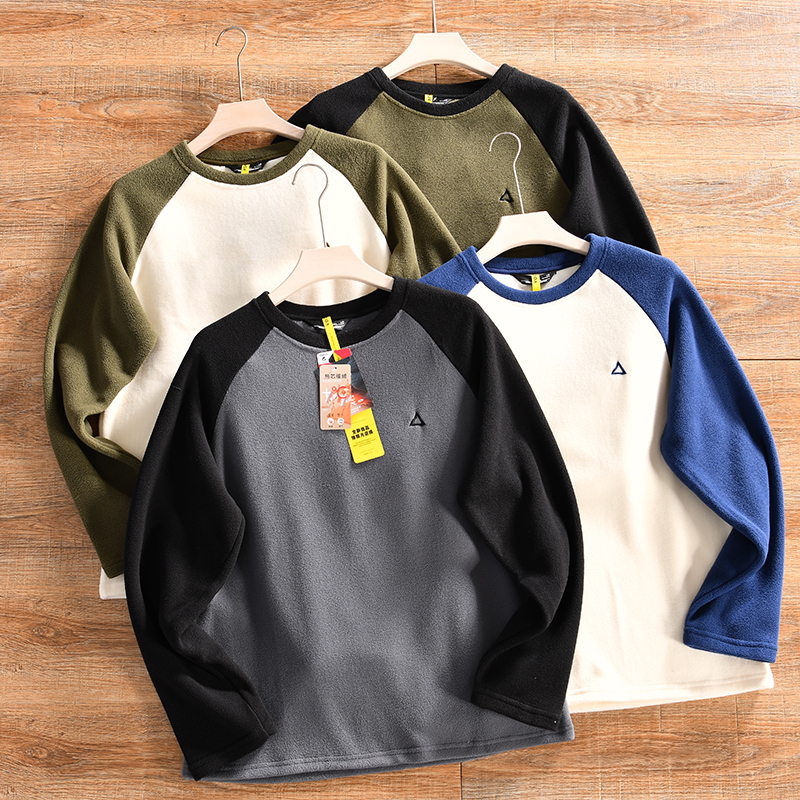 【双面绒+蓄热保暖-】秋冬季男士日系休闲百搭圆领拼色摇粒绒卫衣