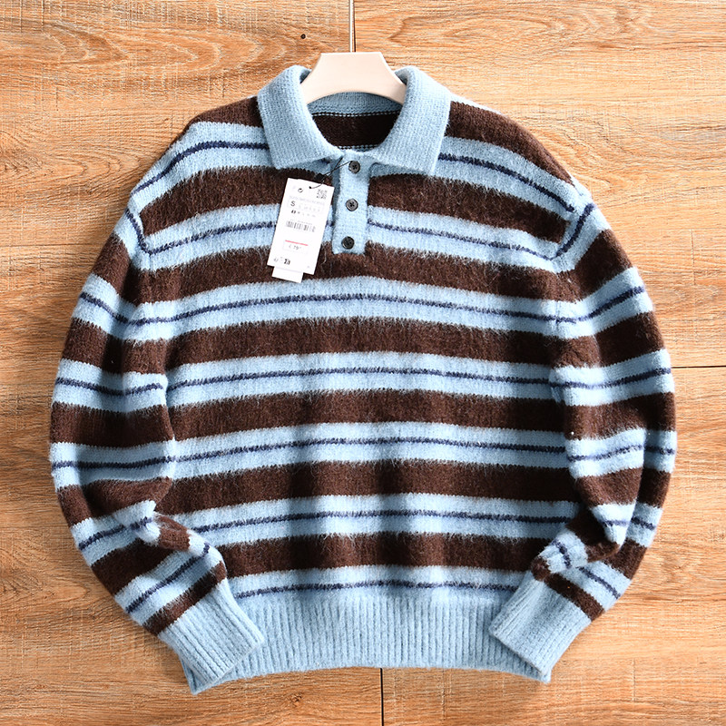 【西班牙小众~慵懒风~外贸尾货】秋冬季男士宽松翻领针织条纹毛衣,男装,针织衫/毛衣,淘宝优惠券,粉丝福利购,淘宝优惠卷