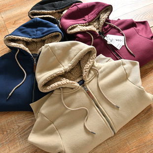 【厚实~加绒加厚~外贸尾货】秋冬男士户外休闲羊羔绒保暖连帽卫衣