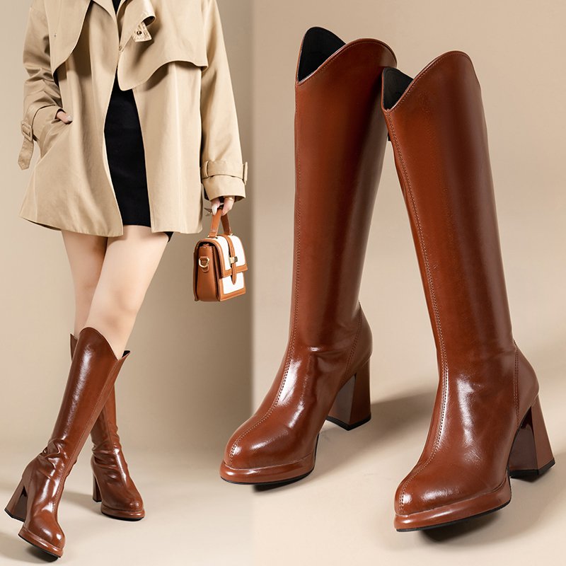 长靴女尖头粗跟高跟马丁靴高筒靴筒骑士靴大筒围42码增高长筒靴