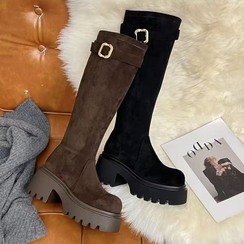 厚底长筒靴女2025新款秋冬季不过膝绒面长靴女款显瘦高筒骑士靴子