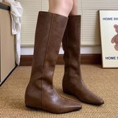 软皮版 小个子内增高长靴女2025秋冬显瘦方头骑士靴百搭直筒靴