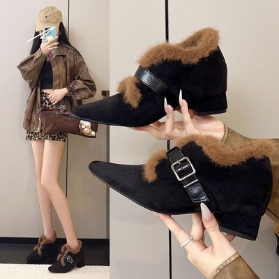 法式仿兔毛内增高鞋2025秋冬季豹纹玛丽珍毛毛鞋女外穿加绒单鞋女