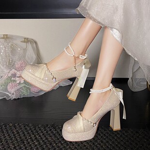 绝美玛丽珍高跟鞋女防水台18岁成人礼禾秀婚纱两穿新娘订婚鞋粗跟