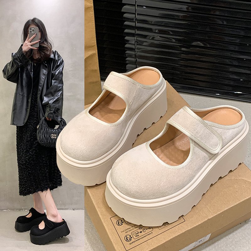 松糕底拖鞋欧洲站2025春季新款欧货增高女鞋魔术贴外穿包头休闲拖
