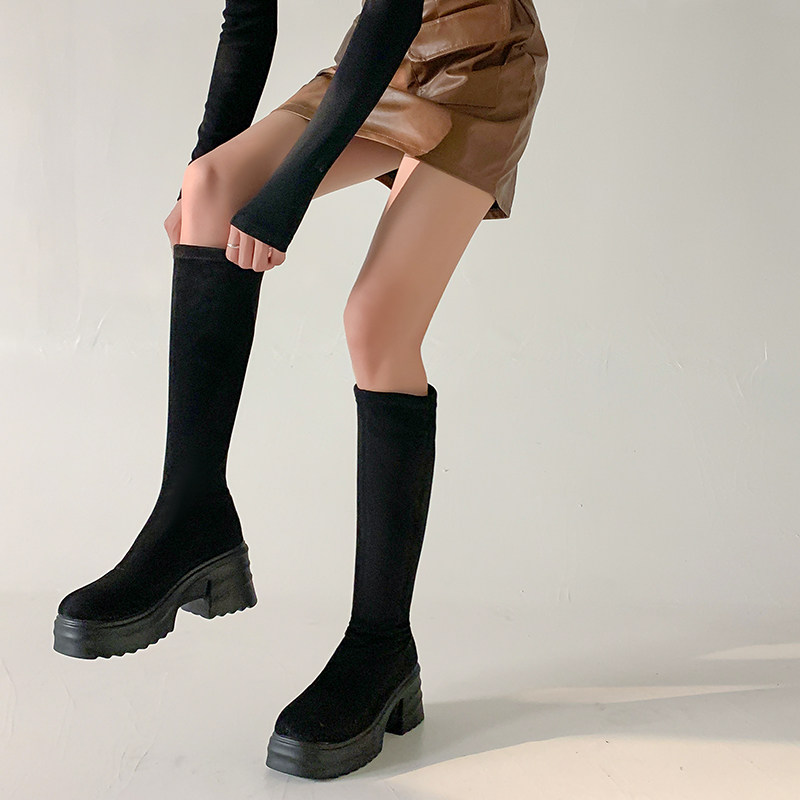 圆头厚底高筒过膝长靴小个子粗跟松糕弹力瘦瘦靴欧美风高跟骑士靴,女鞋,骑士靴,淘宝优惠券,粉丝福利购,淘宝优惠卷