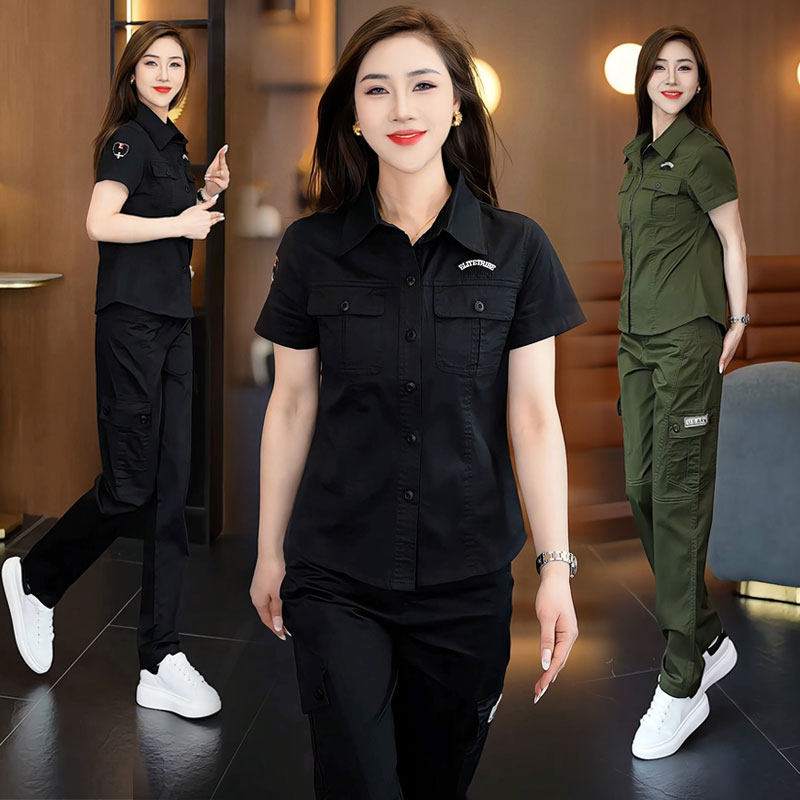 迷彩服潮牌衬衣女军绿套装翻领短袖夏季户外黑色军旅工装裤两件套