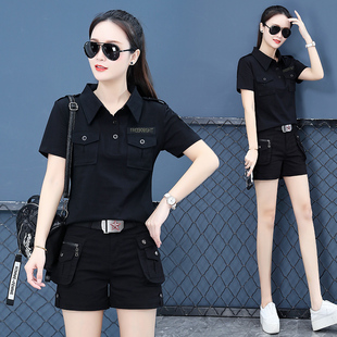 夏季新款迷彩服套装女士短袖t恤运动休闲水兵舞服工装短裤两件套