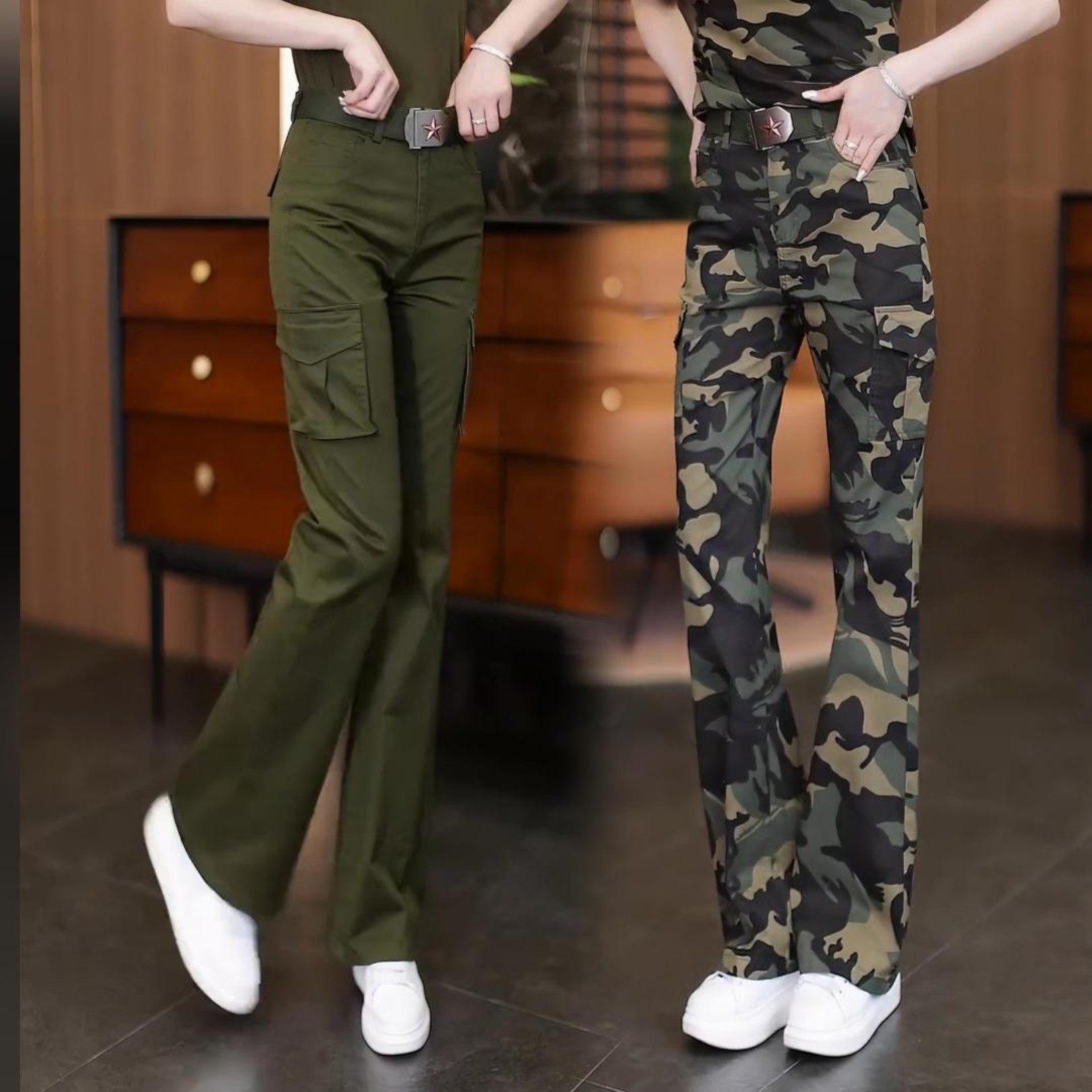 工装微喇裤女迷彩春夏新款黑色高腰显瘦休闲裤军绿时尚减龄直筒裤