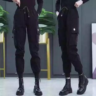 军绿色2025春秋新款高腰显瘦九分束脚加绒工装裤女冬哈伦休闲裤子