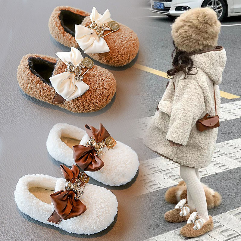 女童鞋子2023新款棉鞋可爱小熊公主加绒二棉毛毛鞋软底宝宝豆豆鞋