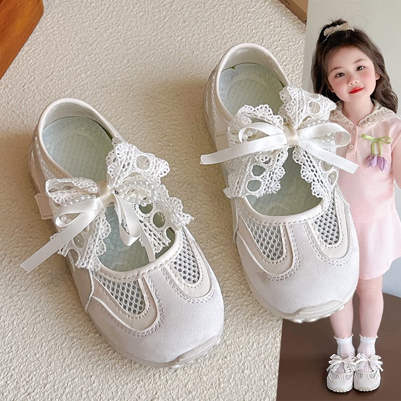 女童蕾丝蝴蝶结公主运动鞋2026新款夏季女孩网面镂空包头凉鞋软底