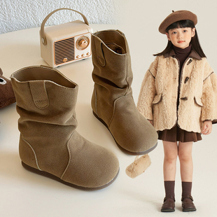 女童靴子2025冬季 加绒百搭儿童靴复古慵懒风堆堆靴洋气马丁靴 新款