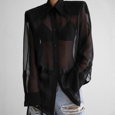 Sheer loose-sleeved blouse for women女式透视网纱宽松长袖衬衫