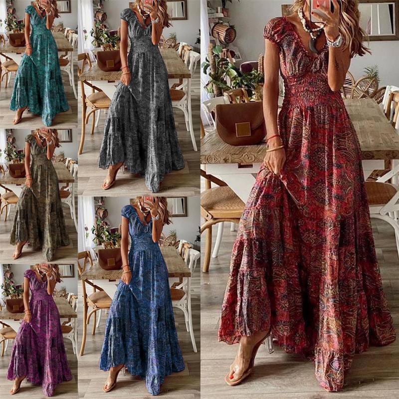 欧美跨境波西米亚风新款连衣长裙 收腰碎花印花大摆连衣裙