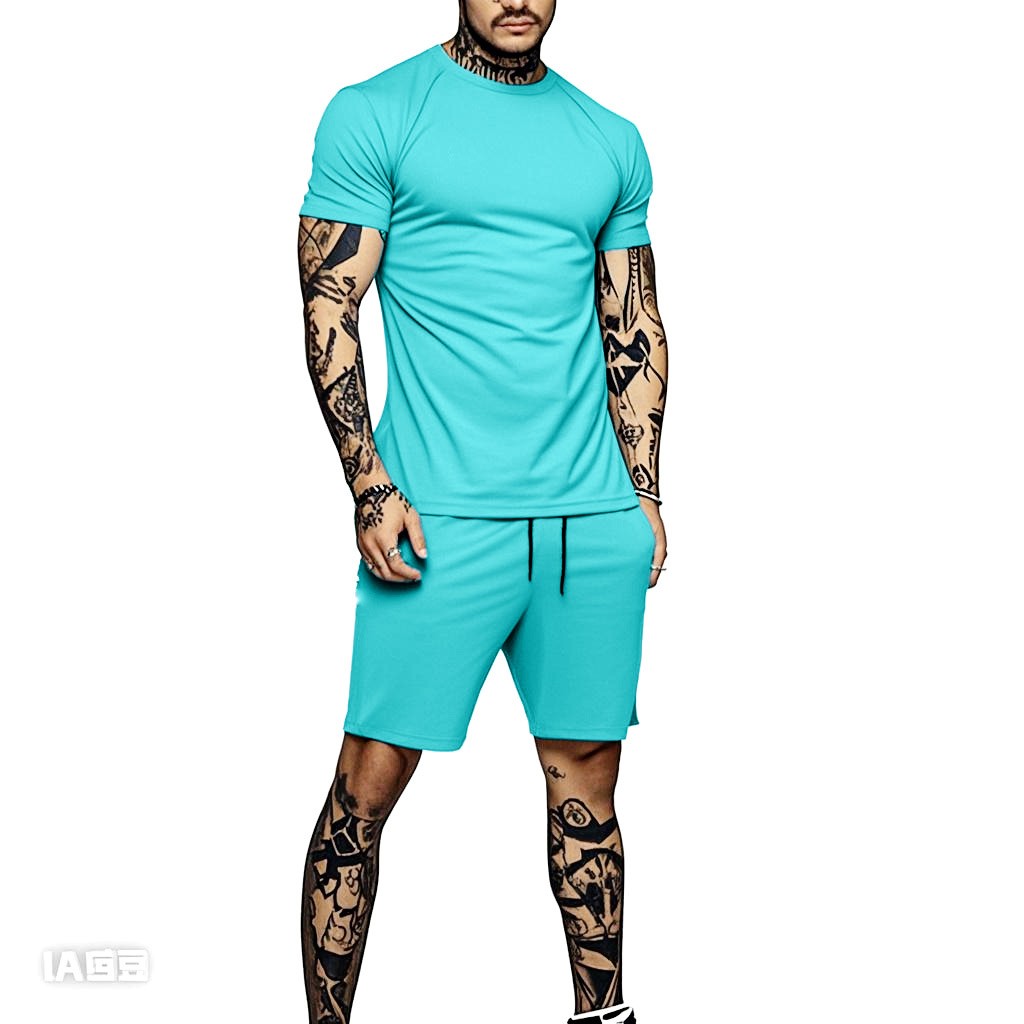 跨境夏季男士速干短袖套装恤+五分裤件套纯色健身跑步运动套装