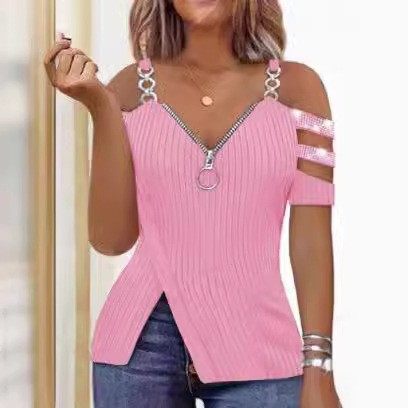 年欧美跨境烫钻领露肩金属吊带拉链插肩袖背心恤坑条小衫女,个性定制/设计服务/DIY,连衣裙加工定制,淘宝优惠券,粉丝福利购,淘宝优惠卷