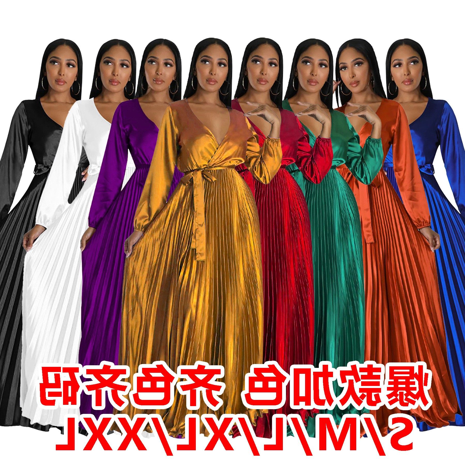 欧美跨境亚马逊女装秋季领灯笼袖压褶连衣裙长裙新