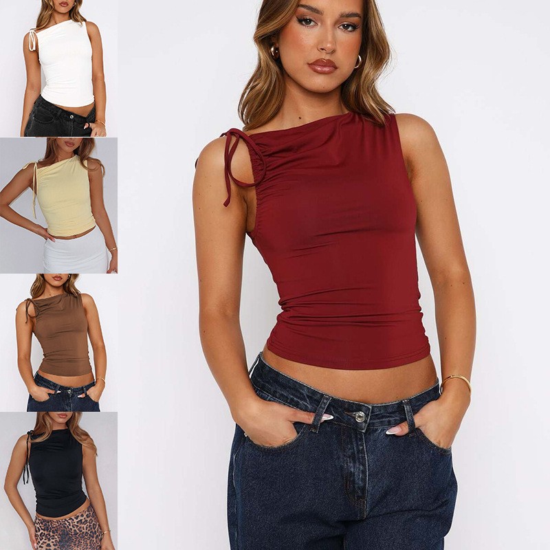 跨境欧美女装亚马逊夏季斜领抽绳系带无袖褶皱露脐上衣