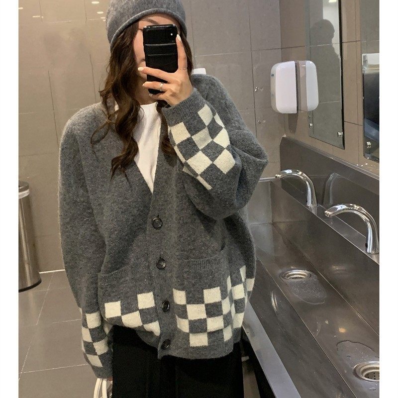 棋盘格针织开衫女秋冬新款韩版宽松慵懒风领毛衣上衣外套潮,个性定制/设计服务/DIY,连衣裙加工定制,淘宝优惠券,粉丝福利购,淘宝优惠卷