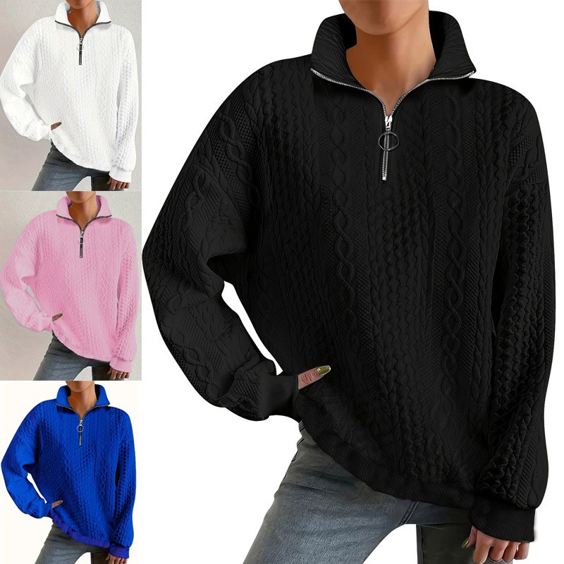 亚马逊秋冬欧美新款套头拉链长袖纯色卫衣女上衣跨境外贸女装
