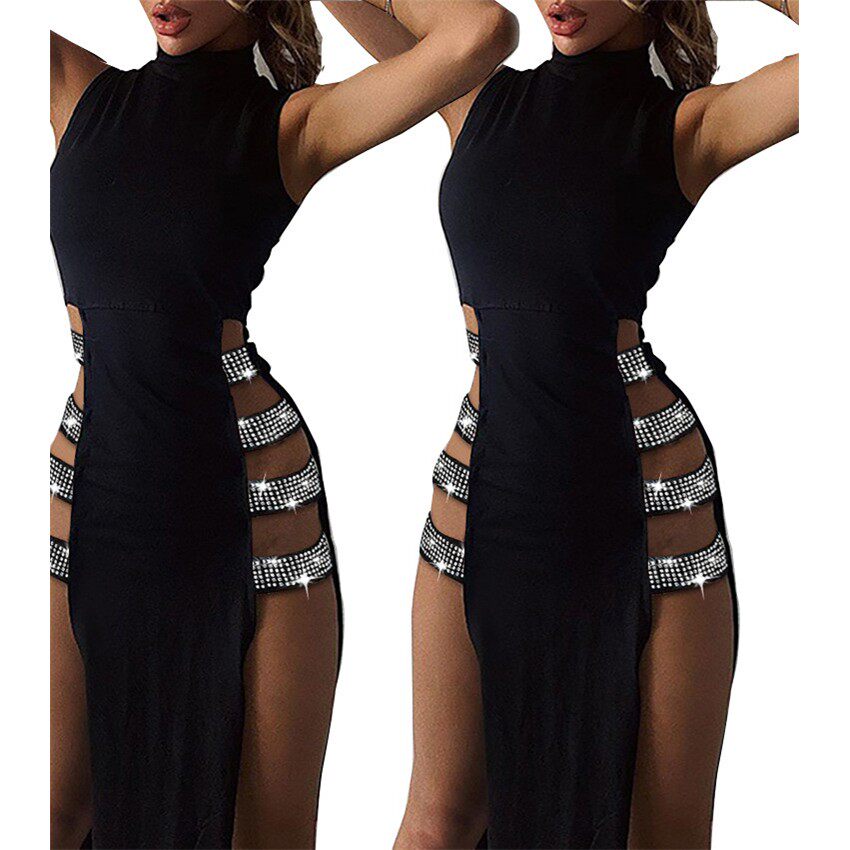 亚马逊爆款 速卖通独立站欧美性感开叉拼接无袖女装连衣裙