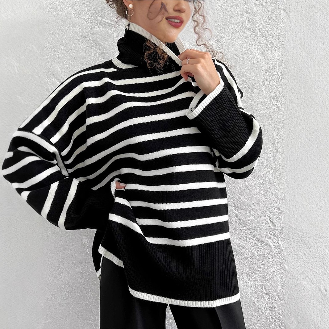 跨境高领条纹毛衣女欧美秋冬新款高领套头针织衫百搭宽松毛衣