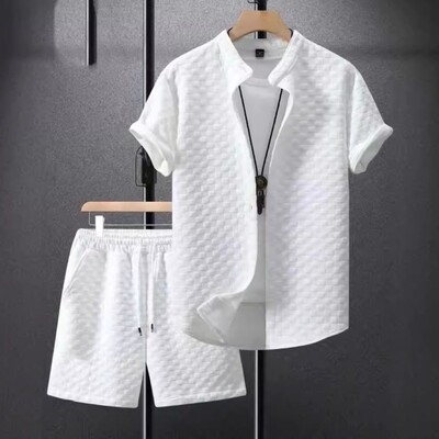 欧美夏季提花黑白纯色套装短袖男度假休闲风衬衣打底男
