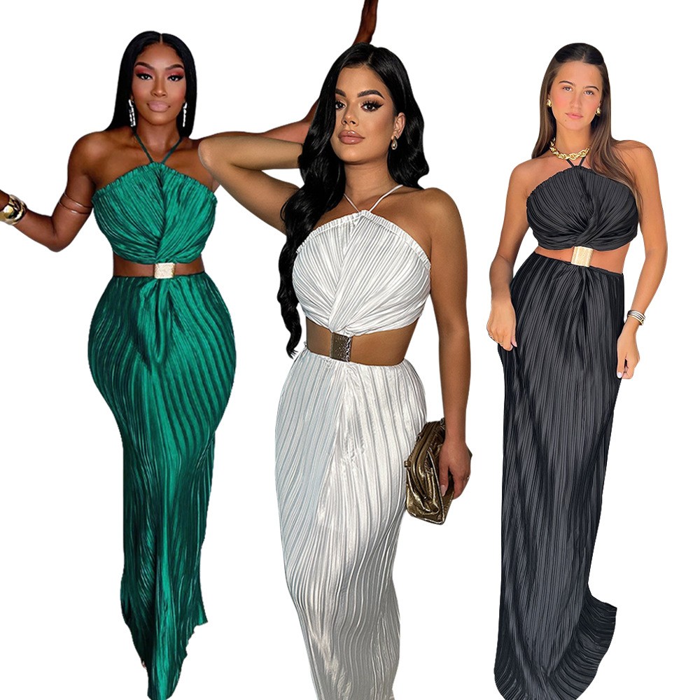速卖通亚马逊欧美风女装压褶性感系带晚礼服后开叉连衣裙新
