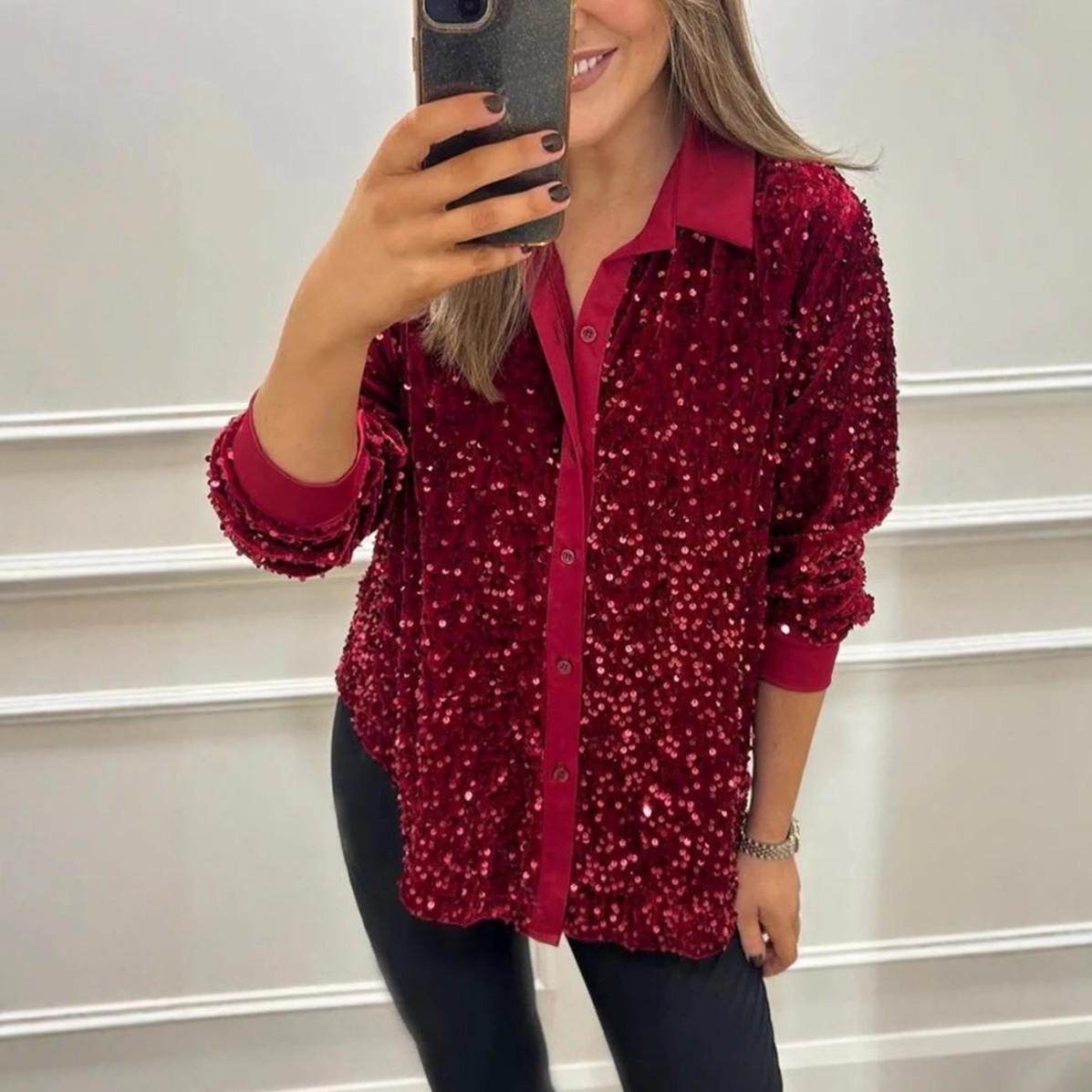 冬季新款亚马逊跨境欧美纯色翻领长袖纽扣亮片衬衫上衣女装