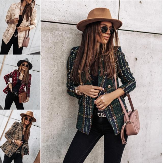 年独立站速卖通跨境秋冬新款女士长袖双排扣印花西装小外套