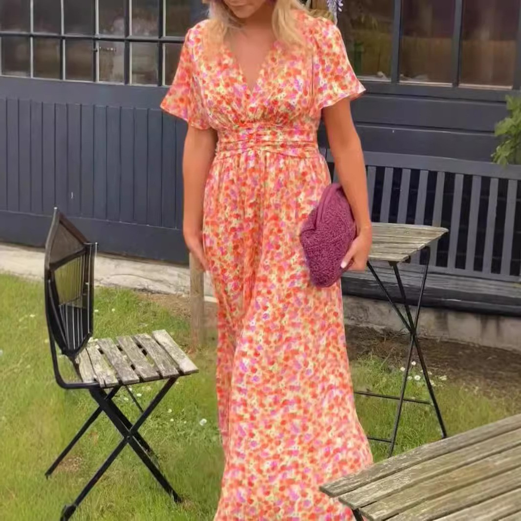 欧美跨境新款亚马逊外贸女装气质印花收腰领连衣裙长裙