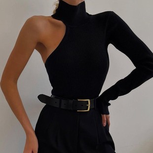 女装 纯色连体衣女装 时尚 圆领修身 单肩长袖 欧美风春秋新款