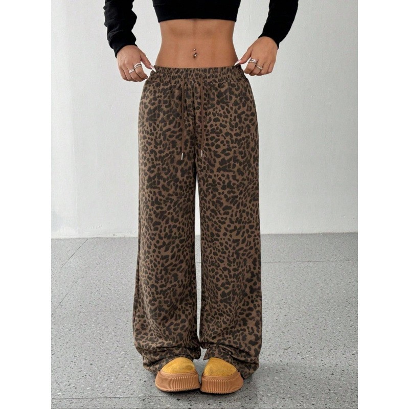现货亚马逊热销跨境新款夏季欧美高腰豹纹休闲长裤女外贸