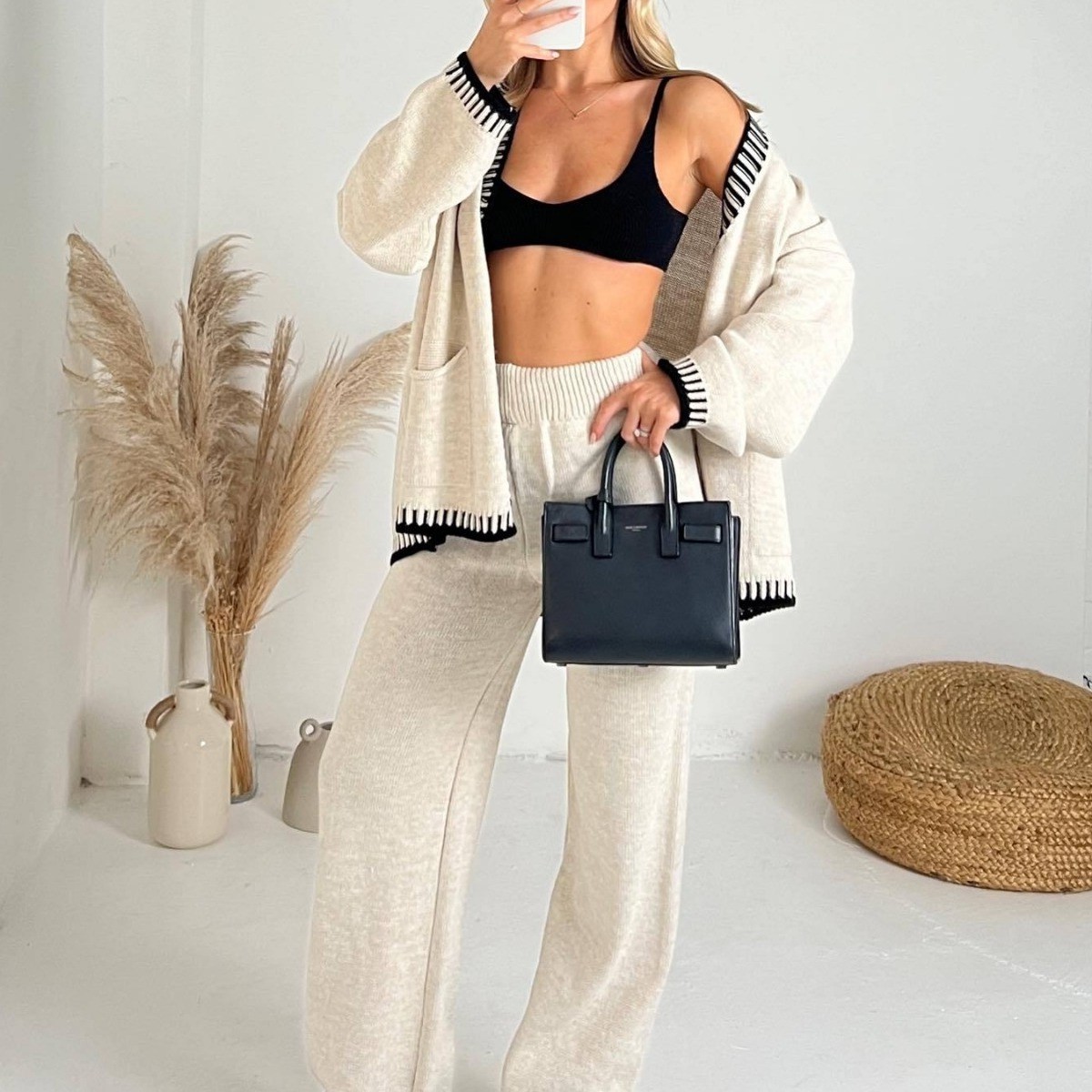 欧美女装 独立站速卖通时尚休闲针织单排扣两件套女