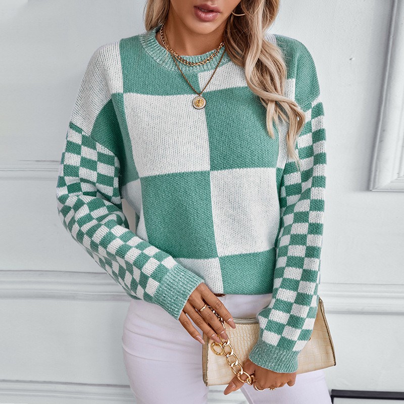 毛毛雨欧美跨境撞色格纹套头女式针织毛衣秋冬时尚百搭女装上衣