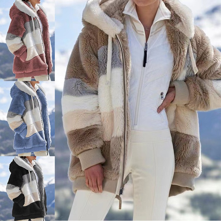 现货独立站亚马逊热卖新款秋冬宽松毛绒多色连帽外套女