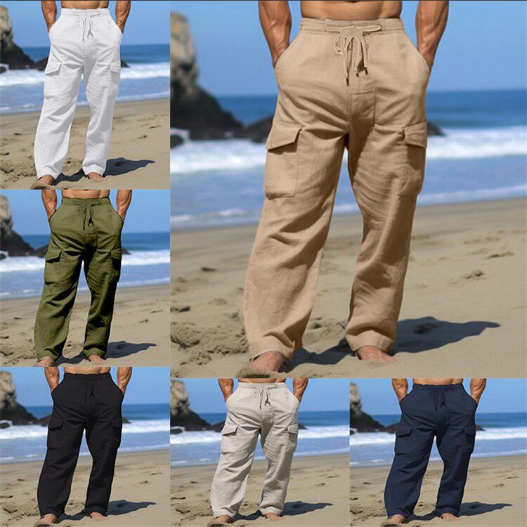 男士工装裤亚麻长裤抽绳多口袋直筒素色舒适透气户外日常裤