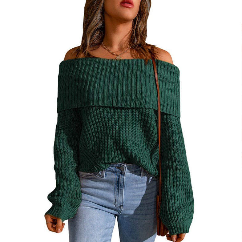 欧美外贸毛衣女冬季女装新款一字肩露肩纯色宽松女式毛衣女