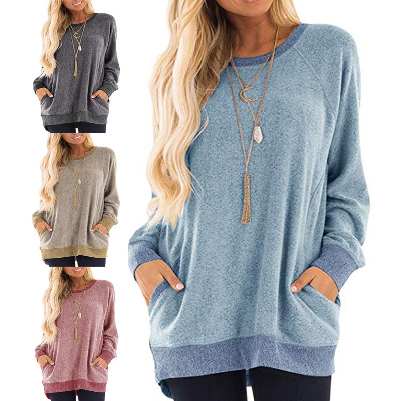 亚马逊秋冬女装圆领撞色口袋卫衣长袖套头运动衫休闲恤
