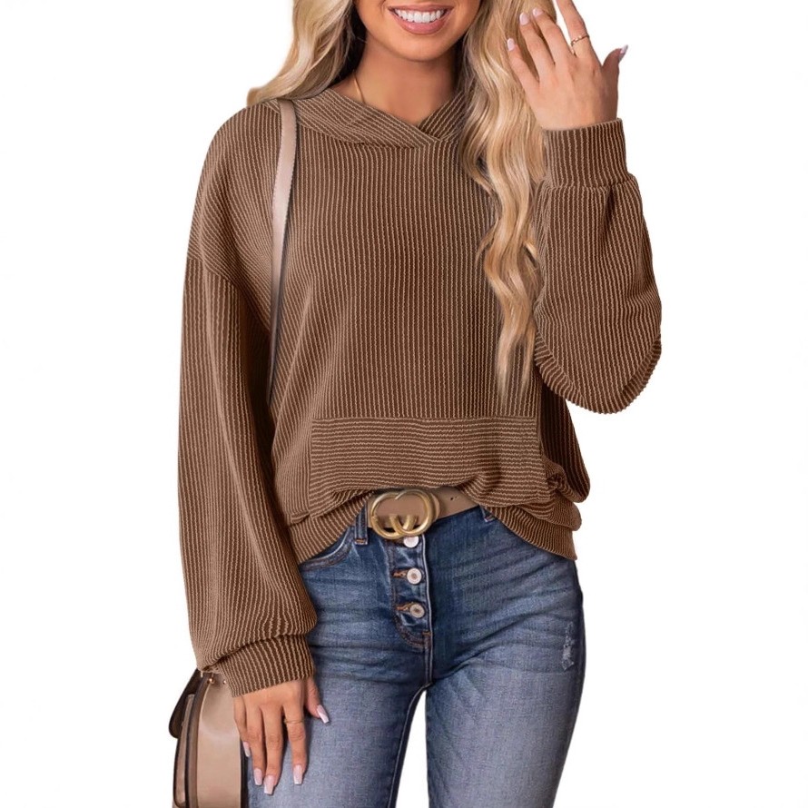 欧美跨境女装宽松扭条连帽卫衣亚马逊外贸圆领长袖上衣