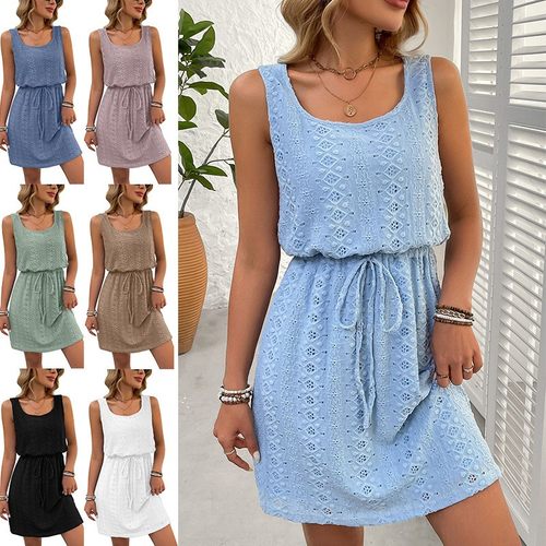 亚马逊欧美外贸跨境女装方领春夏女士镂空质感抽绳无袖连衣裙
