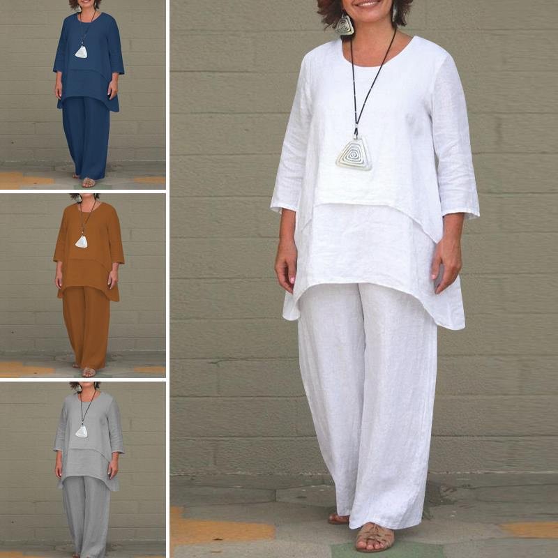 欧美新品女装仿棉麻时尚休闲大码不规则长袖套装阔腿裤两件套