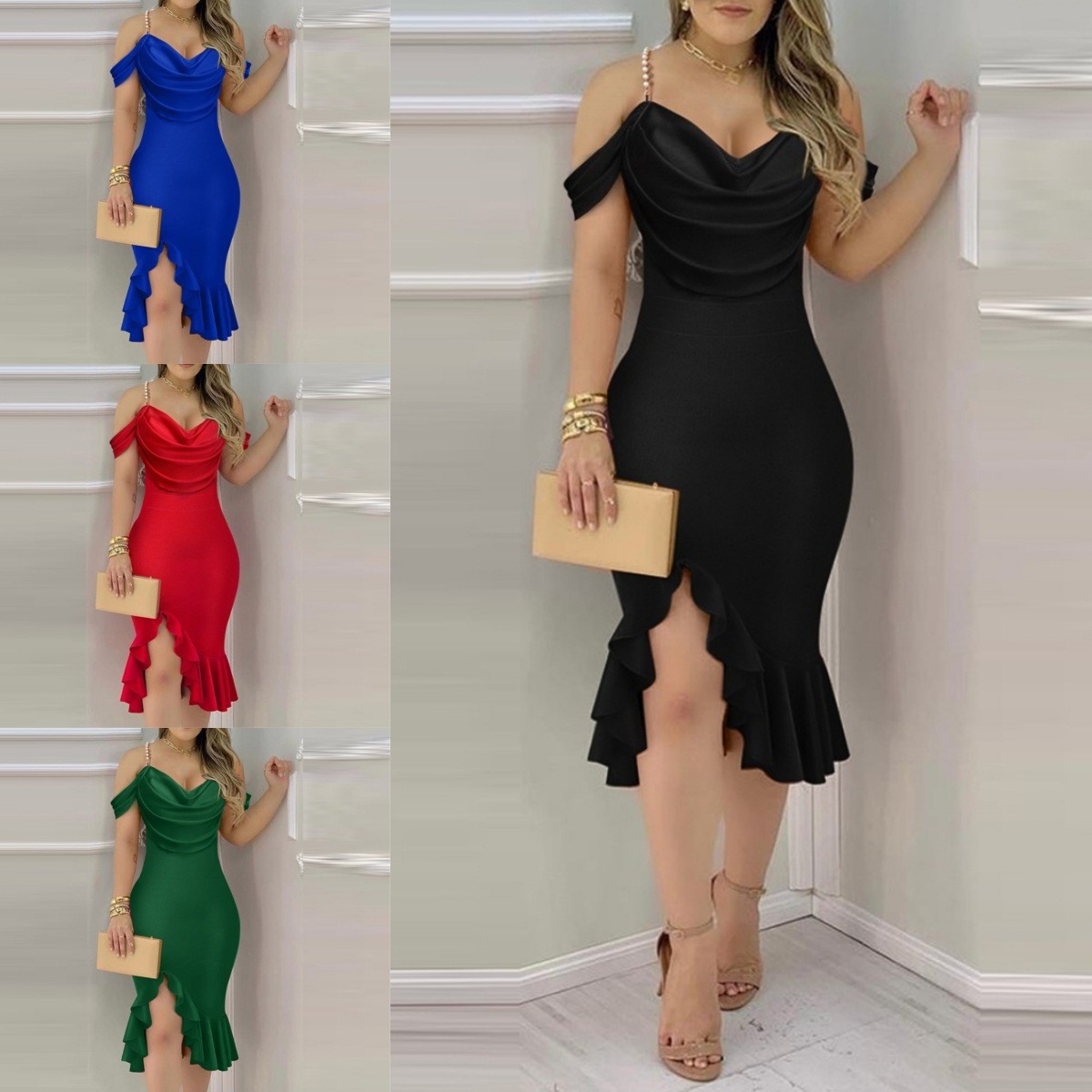 独立站亚马逊爆款 欧美新款珍珠链装饰假两件荡领连衣裙