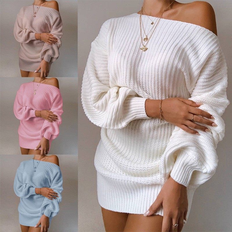 秋冬跨境毛衣亚马逊爆款欧美休闲露肩灯笼袖针织毛衣裙,个性定制/设计服务/DIY,连衣裙加工定制,淘宝优惠券,粉丝福利购,淘宝优惠卷